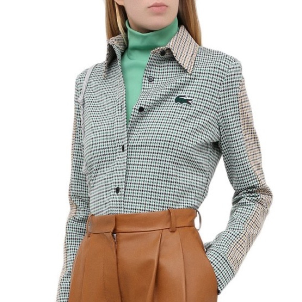 Lacoste Women's Green and Tan shirt - Elevated casual Wear - Size M